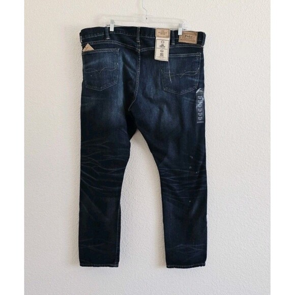 New-Polo Ralph Lauren Mens Sullivan Slim Paint Distressed Blue Denim Jeans 42x32 - Picture 8 of 11